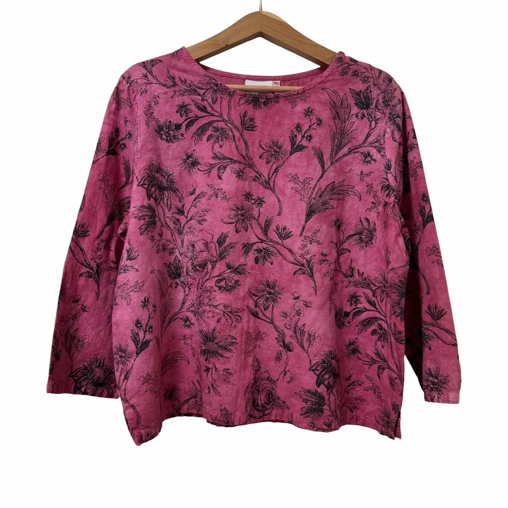 Hot Cotton Womens Boxy Linen Floral Print Top Size XL Pink Lagenlook Artsy Boho